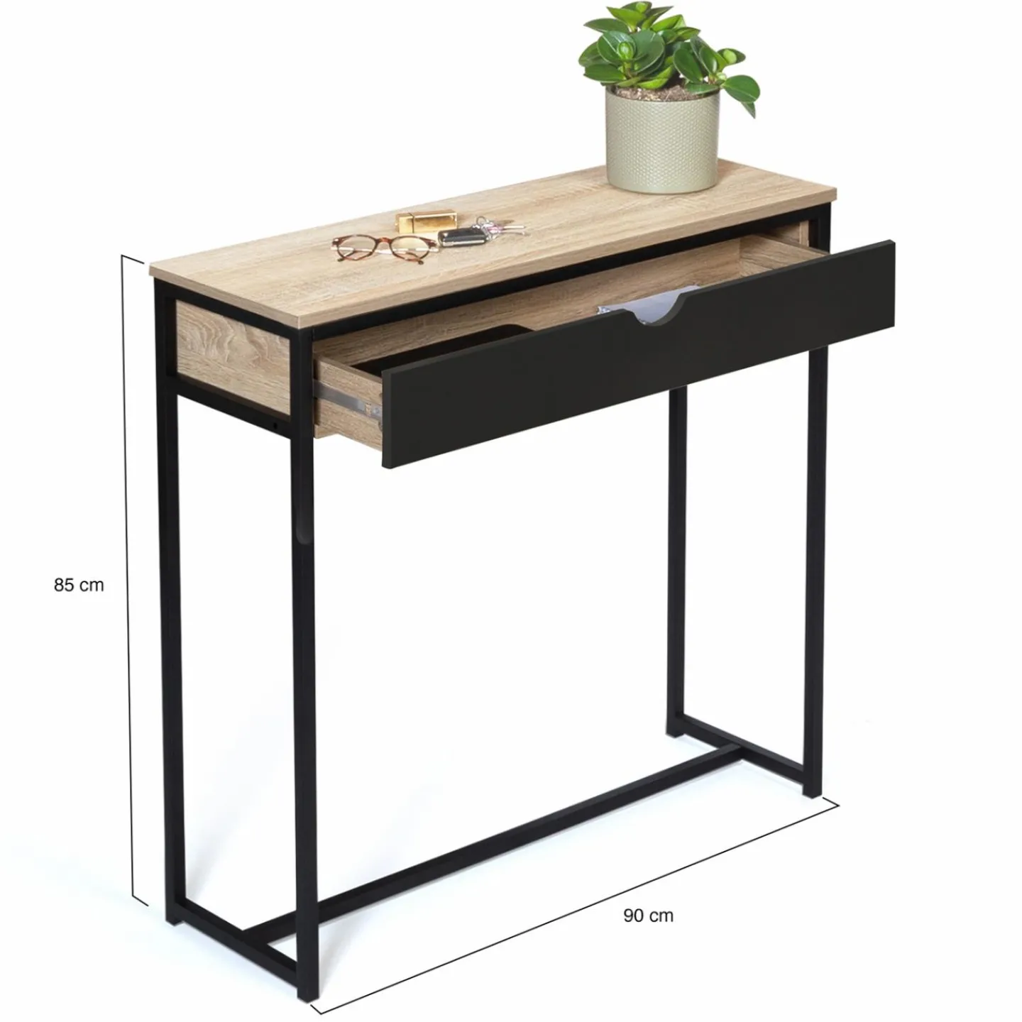 Console style industriel bois et métal 90 cm avec tiroir*IDMarket Online