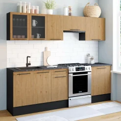 Cuisine complète 240 cm 7 éléments bois avec vitrine et plan de travail noir*IDMarket Sale