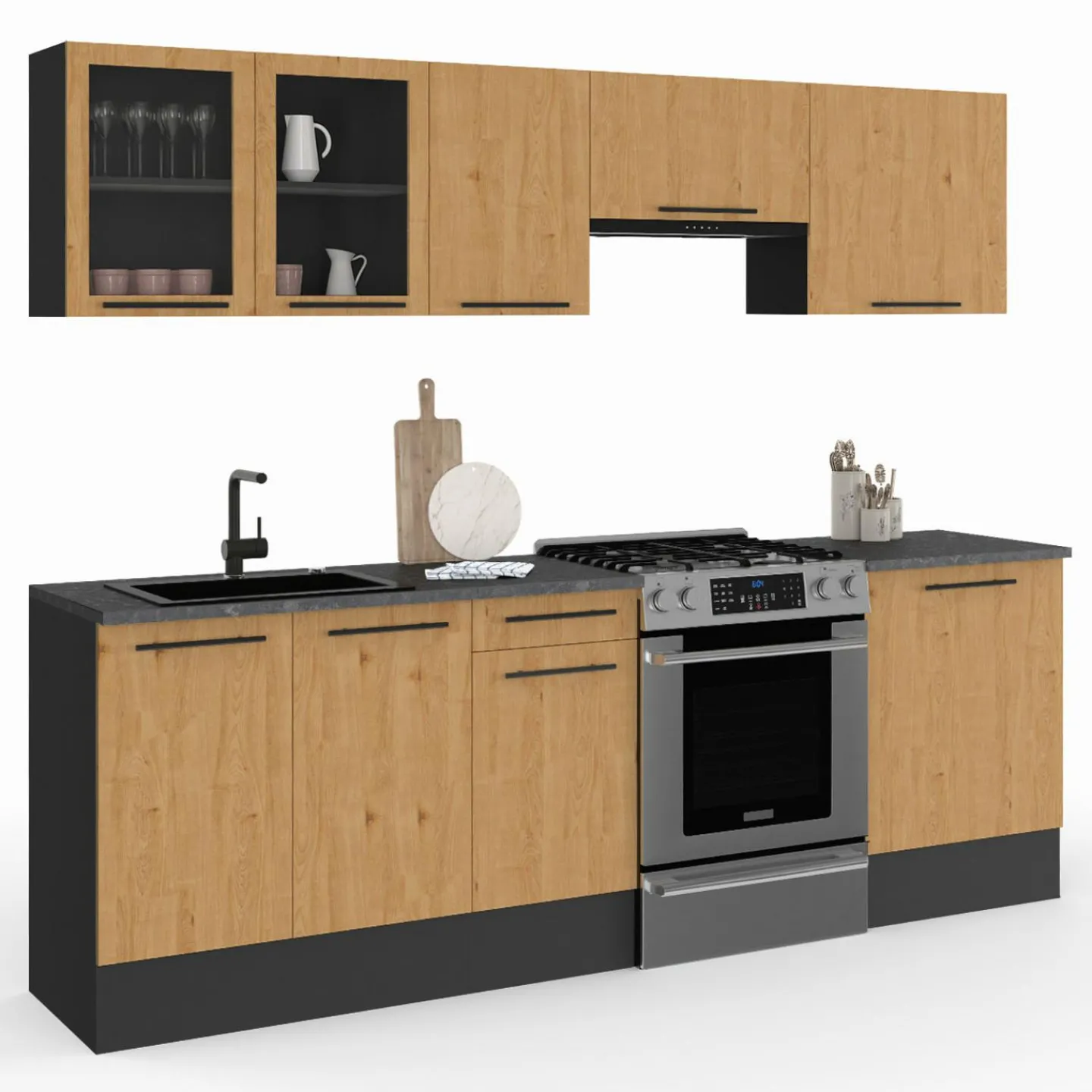 Cuisine complète 240 cm 7 éléments bois avec vitrine et plan de travail noir*IDMarket Sale