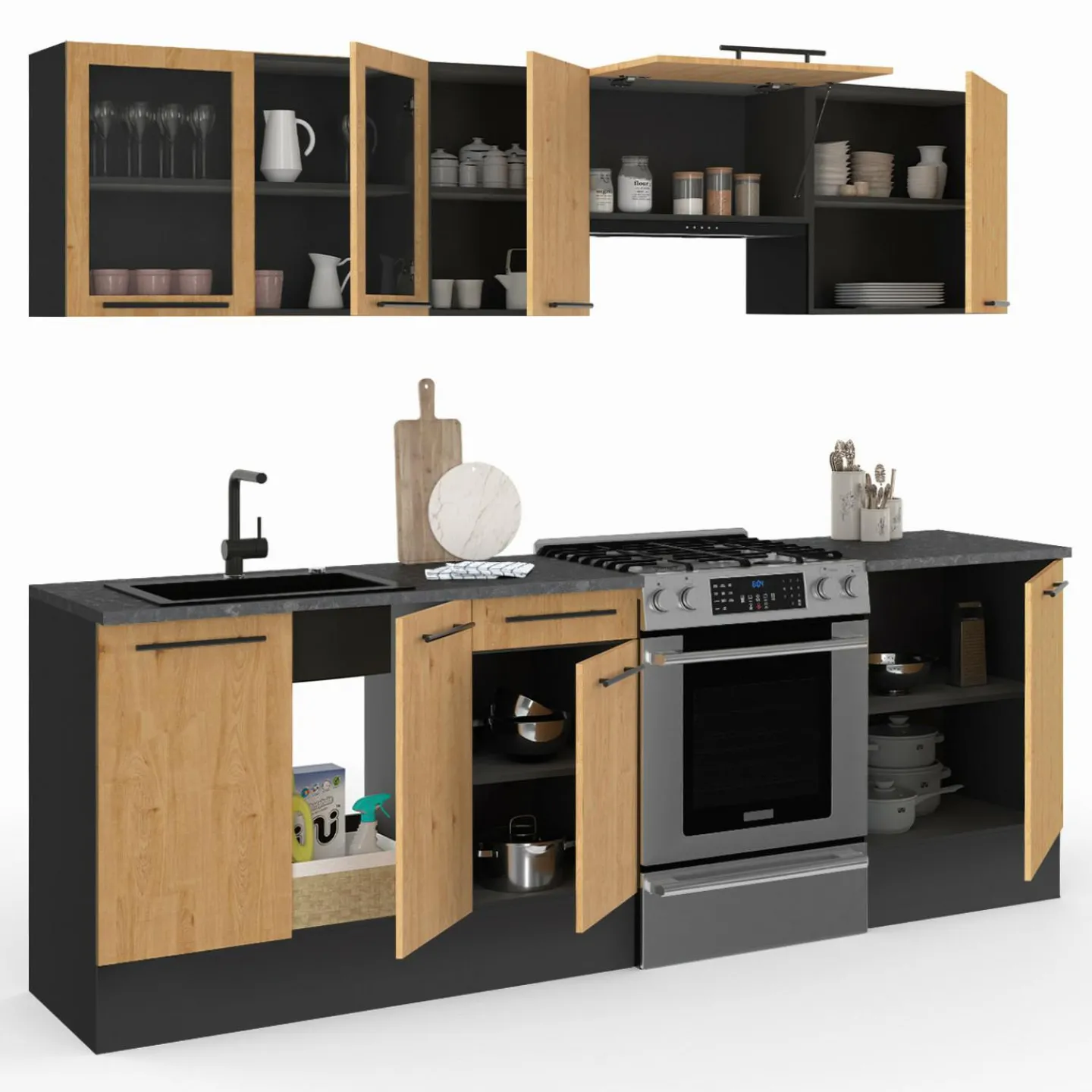 Cuisine complète 240 cm 7 éléments bois avec vitrine et plan de travail noir*IDMarket Sale