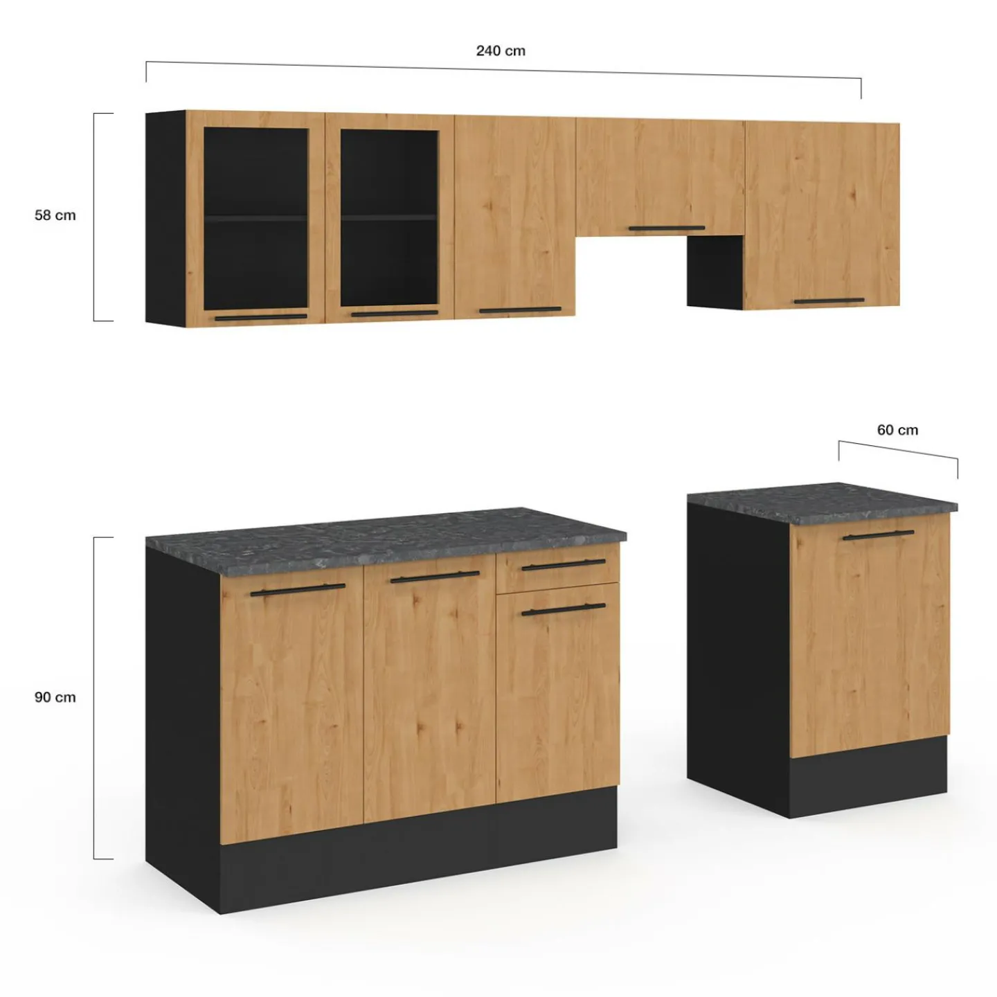 Cuisine complète 240 cm 7 éléments bois avec vitrine et plan de travail noir*IDMarket Sale