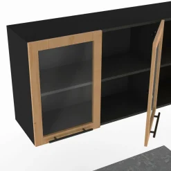 Cuisine complète 240 cm 7 éléments bois avec vitrine et plan de travail noir*IDMarket Sale