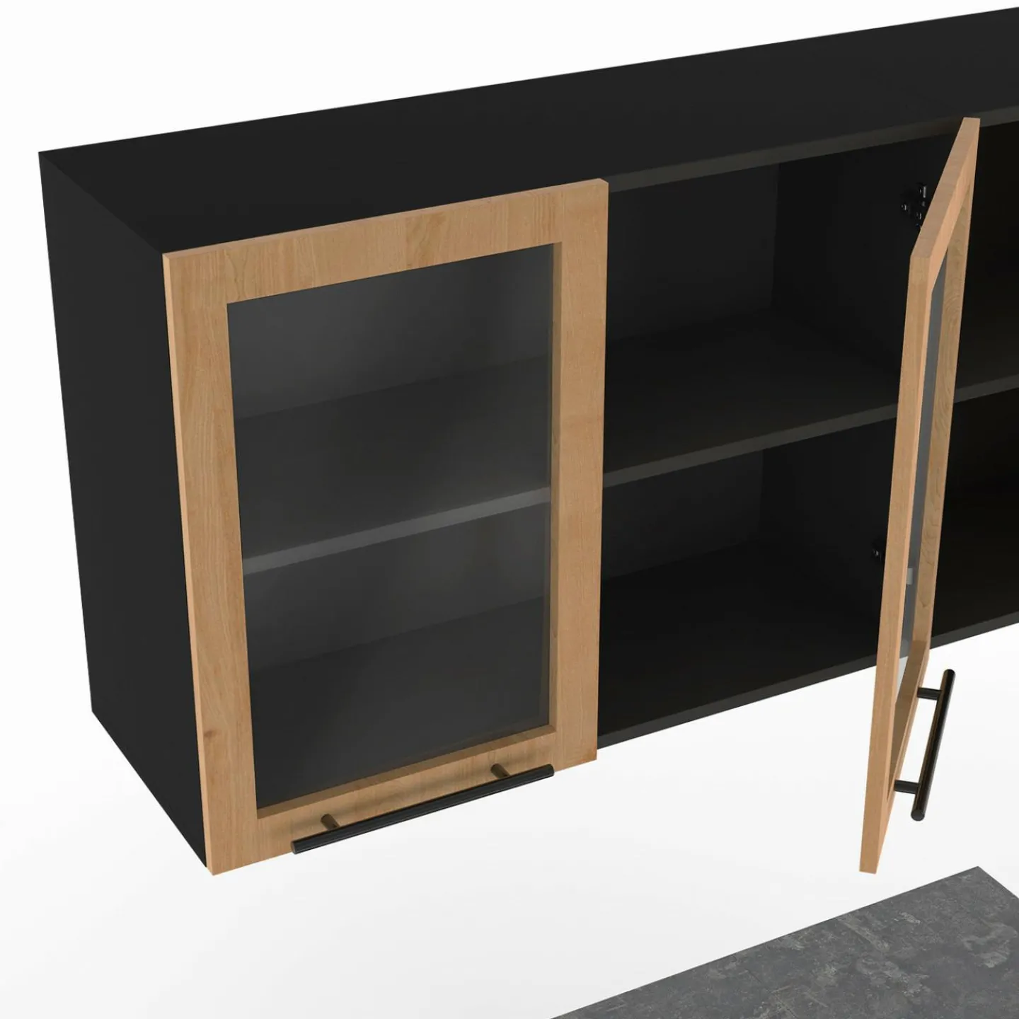 Cuisine complète 240 cm 7 éléments bois avec vitrine et plan de travail noir*IDMarket Sale
