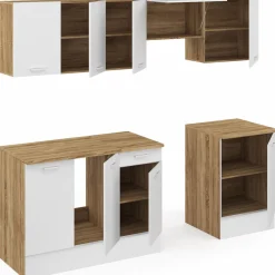Cuisine complète 240 cm avec plan de travail bois et blanc*IDMarket New