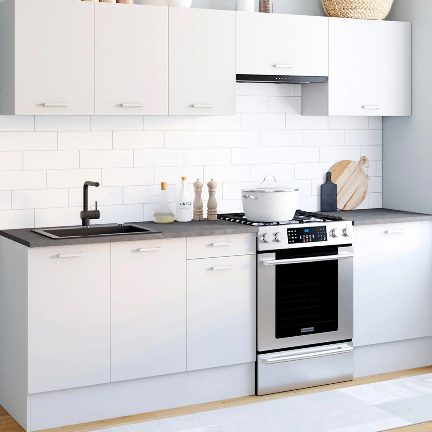 Cuisine complète 240 cm avec plan de travail bois blanc et plateaux effet béton*IDMarket Discount