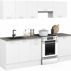 Cuisine complète 240 cm avec plan de travail bois blanc et plateaux effet béton*IDMarket Discount
