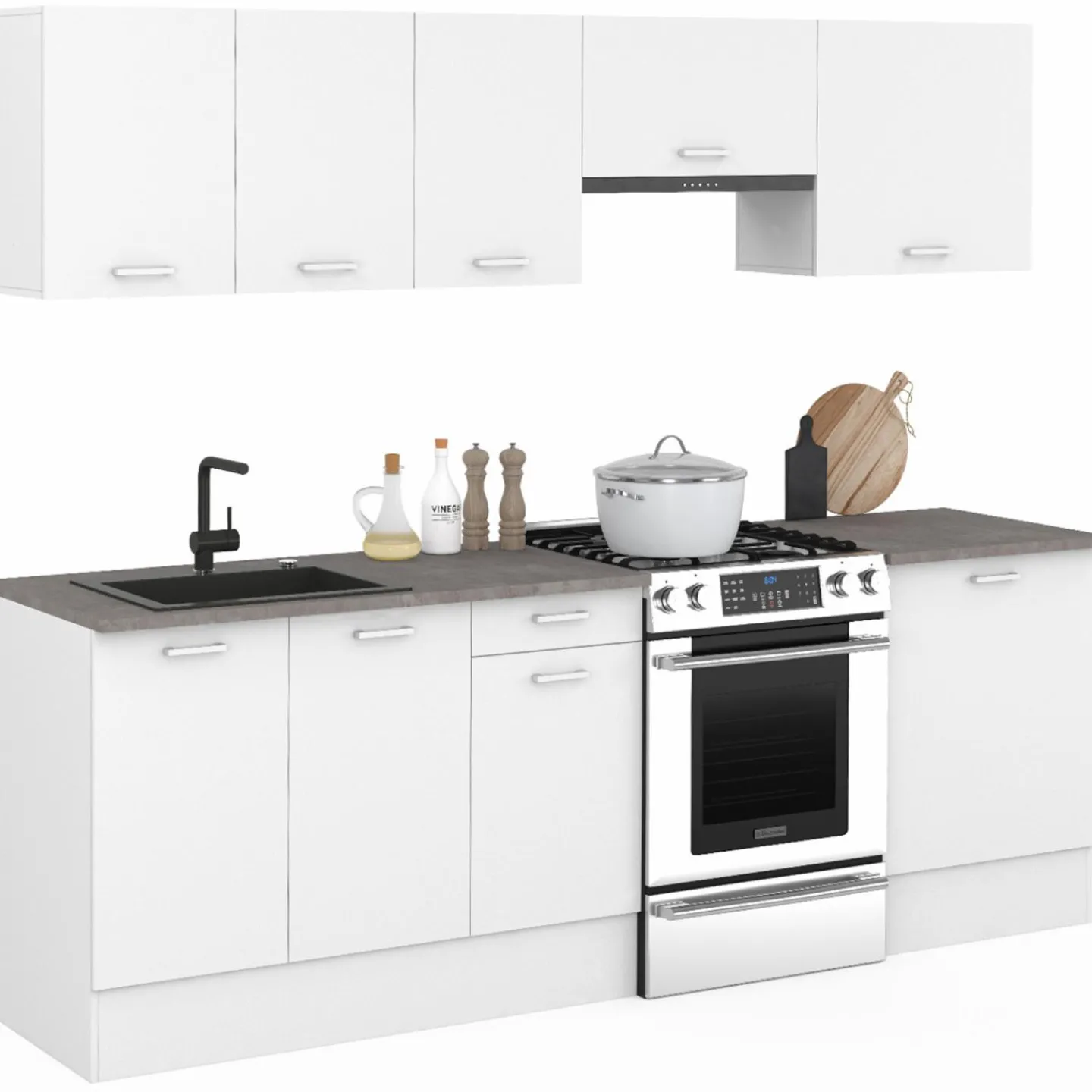 Cuisine complète 240 cm avec plan de travail bois blanc et plateaux effet béton*IDMarket Discount