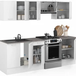 Cuisine complète 240 cm avec plan de travail bois blanc et plateaux effet béton*IDMarket Discount