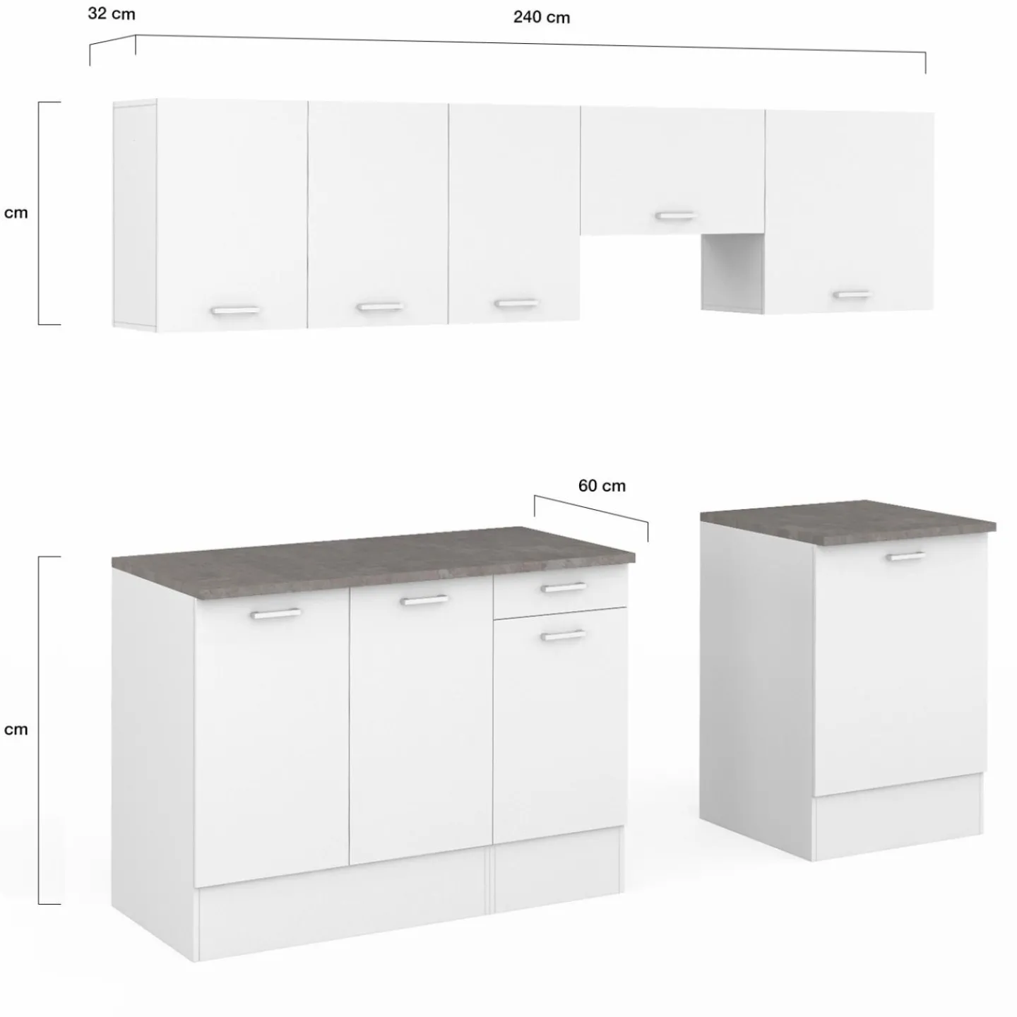 Cuisine complète 240 cm avec plan de travail bois blanc et plateaux effet béton*IDMarket Discount