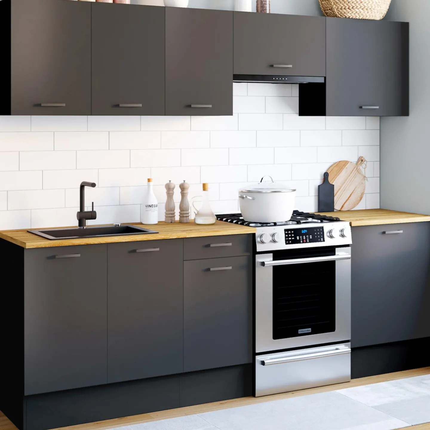 Cuisine complète 240 cm avec plan de travail bois et noir*IDMarket Outlet