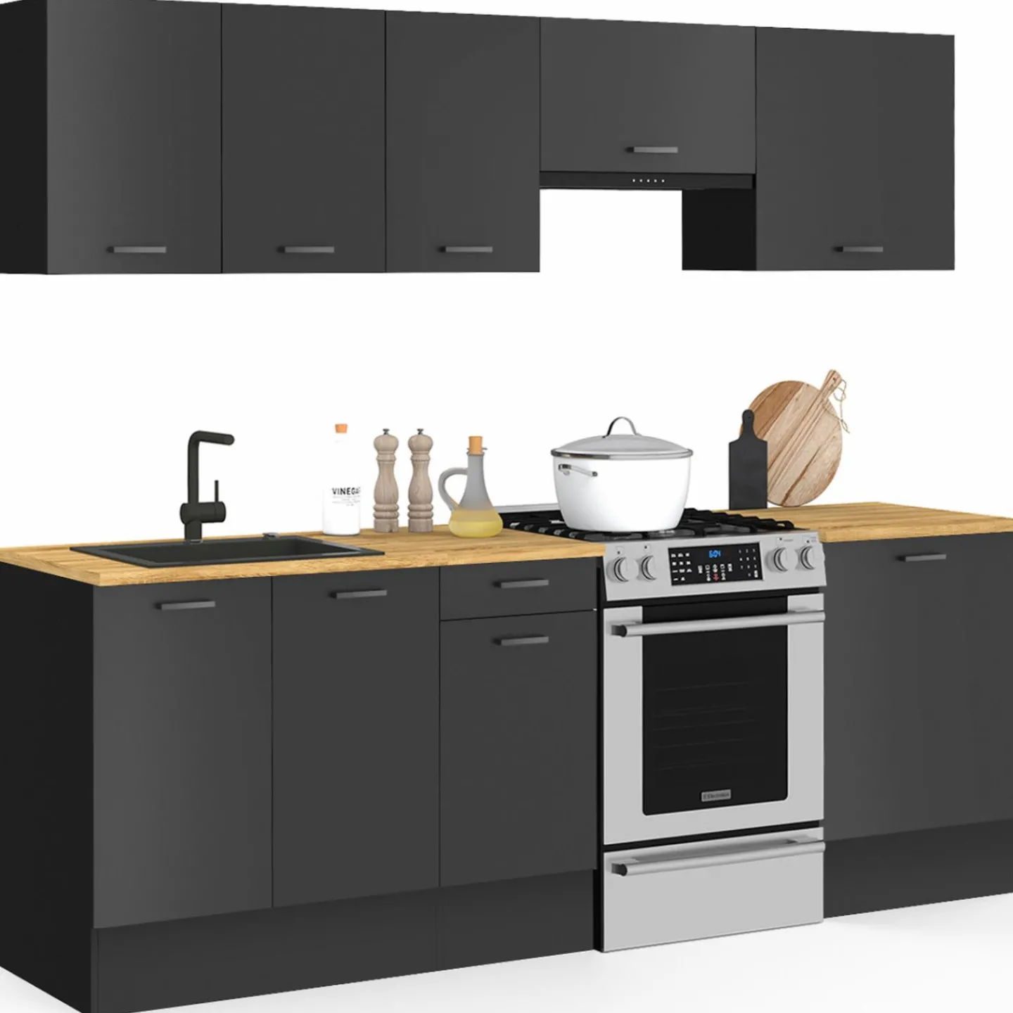 Cuisine complète 240 cm avec plan de travail bois et noir*IDMarket Outlet