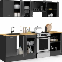 Cuisine complète 240 cm avec plan de travail bois et noir*IDMarket Outlet