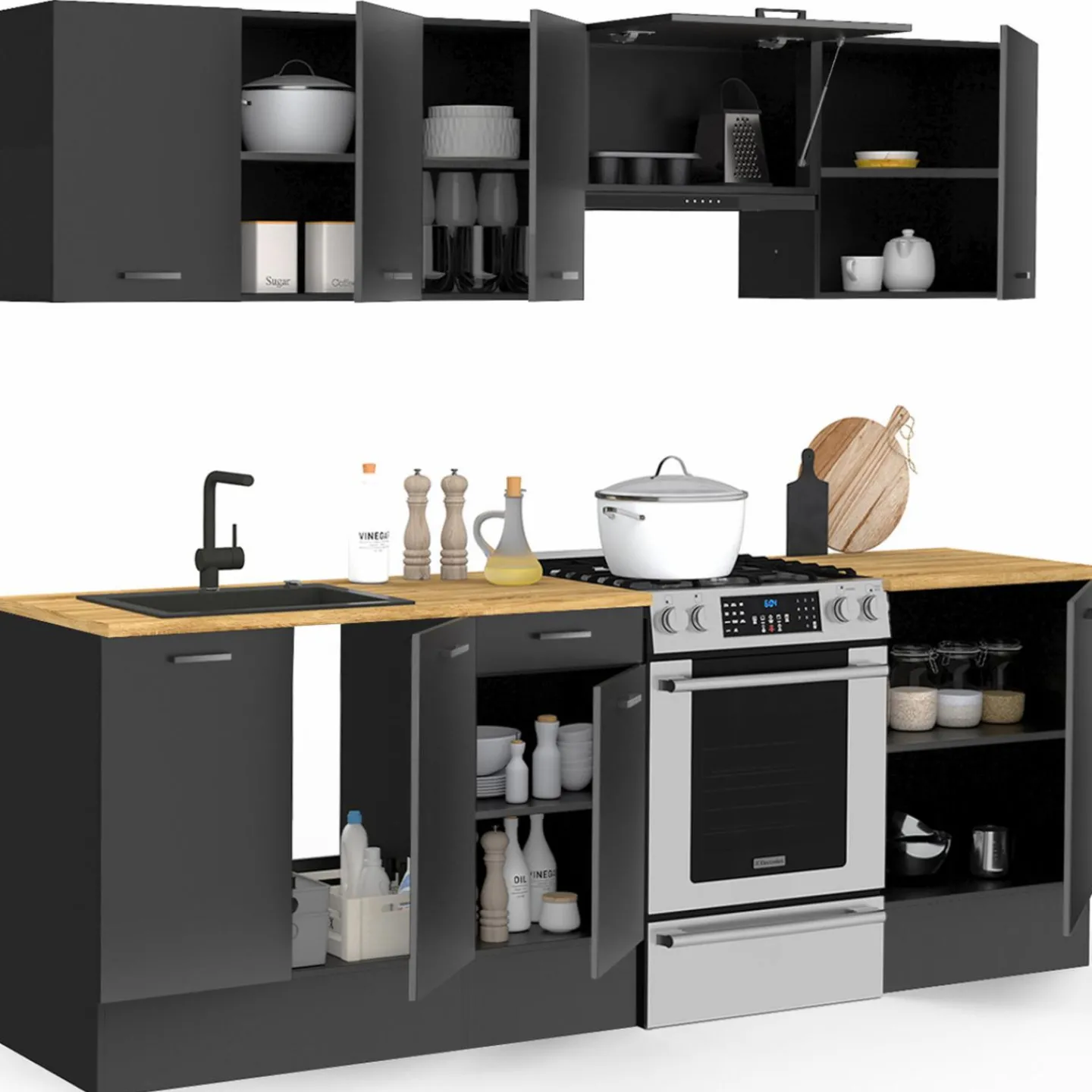 Cuisine complète 240 cm avec plan de travail bois et noir*IDMarket Outlet