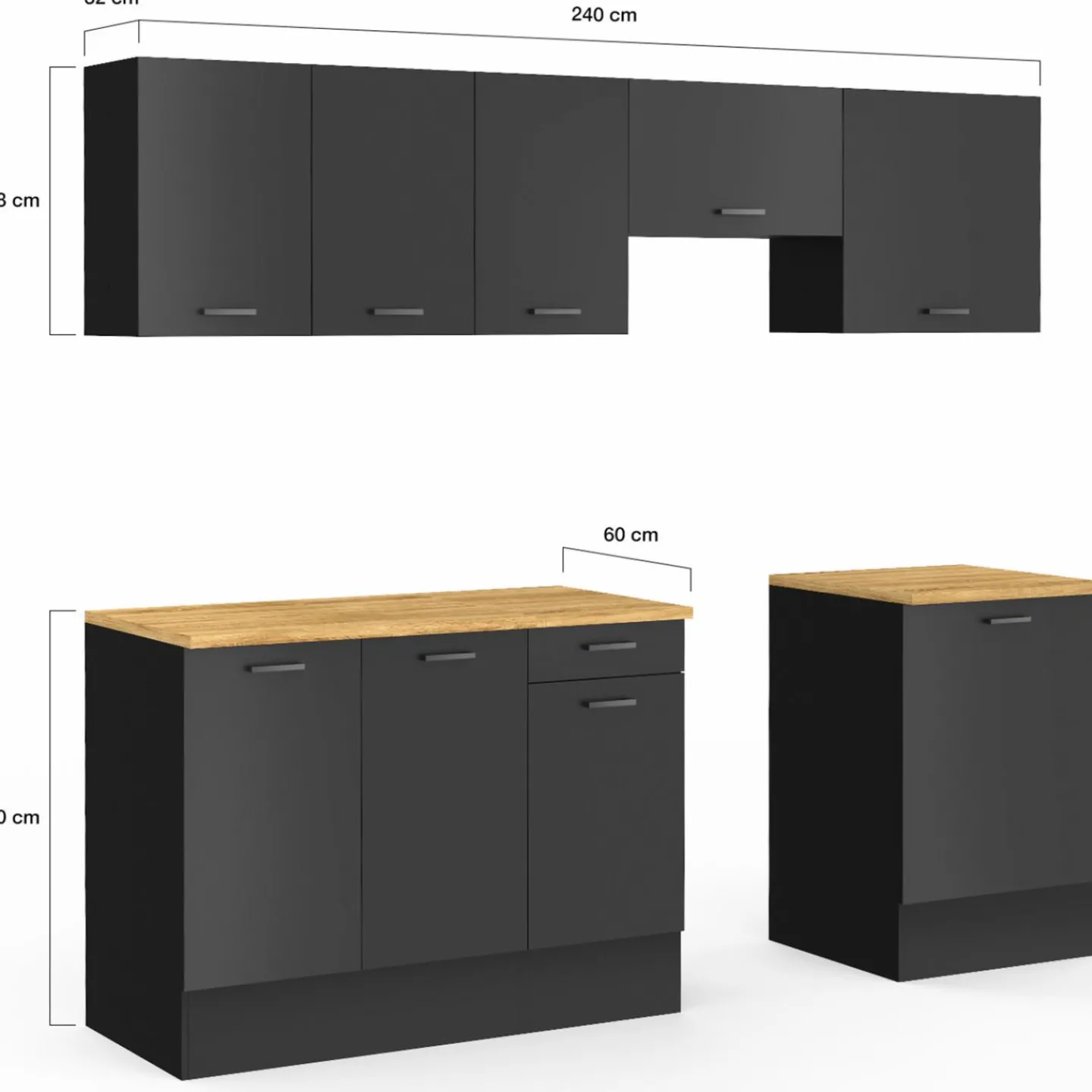 Cuisine complète 240 cm avec plan de travail bois et noir*IDMarket Outlet
