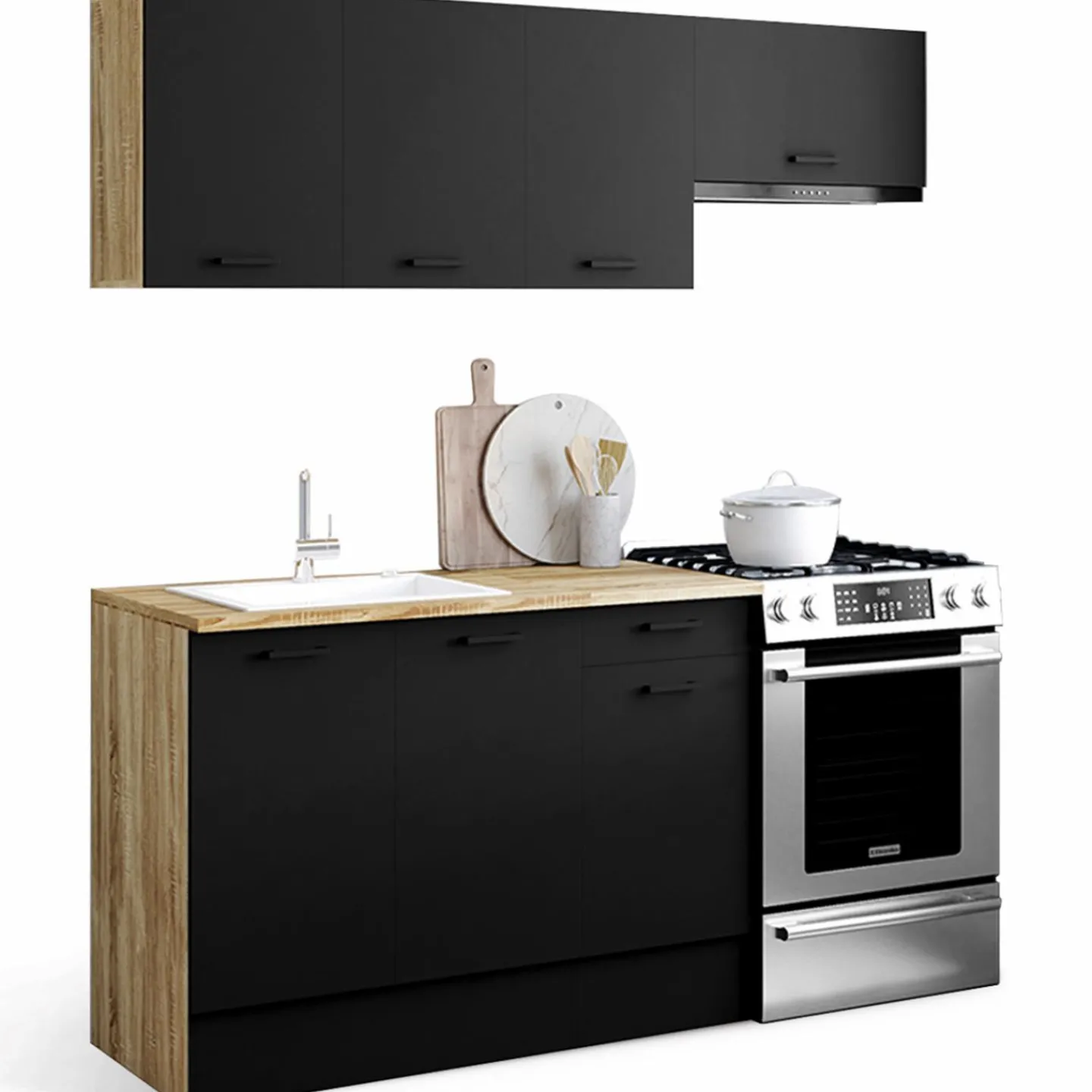 Cuisine complète 180 cm avec plan de travail bois et noir*IDMarket Clearance
