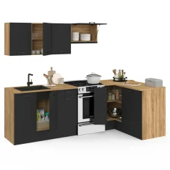 Cuisine d'angle complète bois et noir 400 cm 7 éléments*IDMarket New