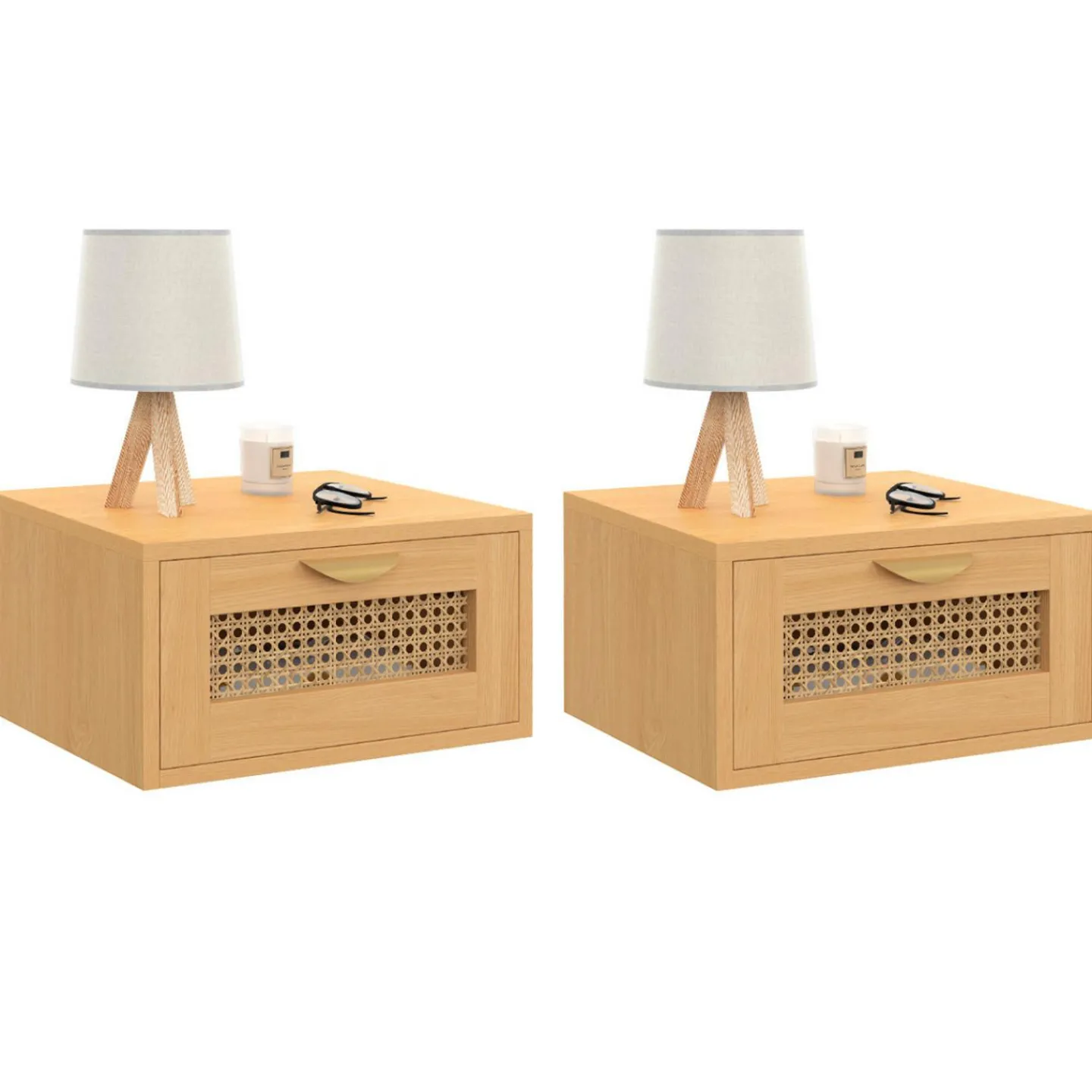 de 2 tables de chevet murables 1 tiroir étagère suspendue cannage et bois*IDMarket