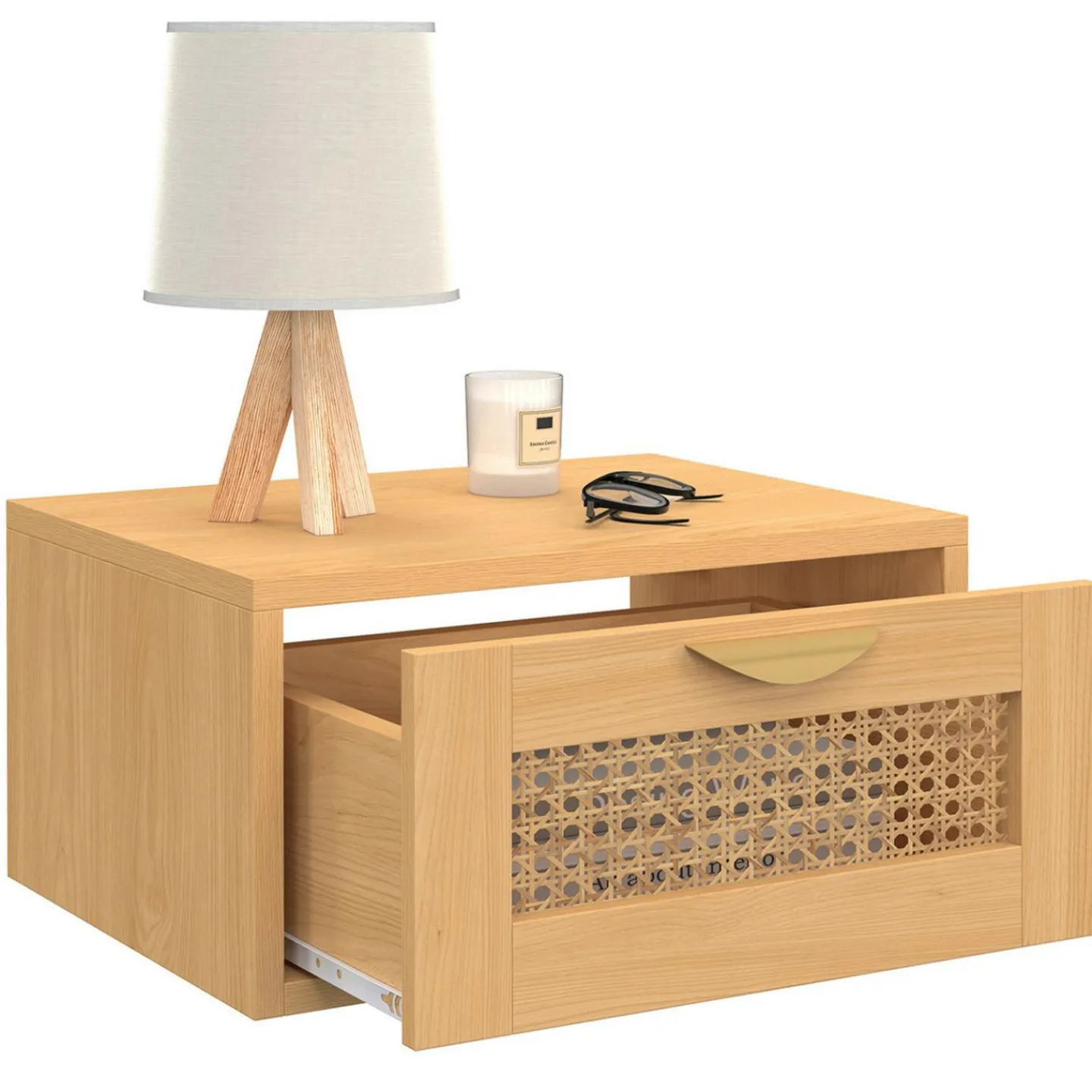 de 2 tables de chevet murables 1 tiroir étagère suspendue cannage et bois*IDMarket