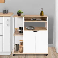 Desserte à roulettes bois blanc et plateaux façon hêtre 76 cm*IDMarket Outlet