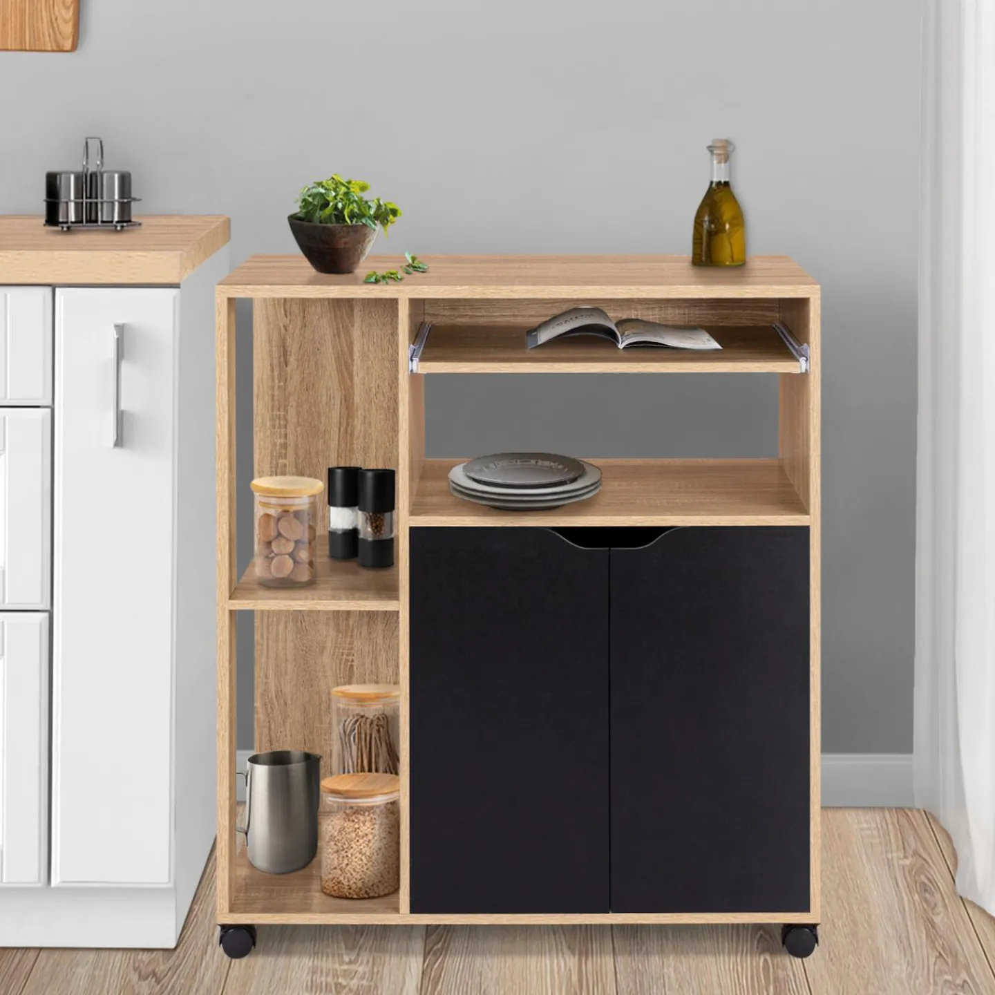 Desserte à roulettes bois façon hêtre et portes noires 76 cm*IDMarket Clearance