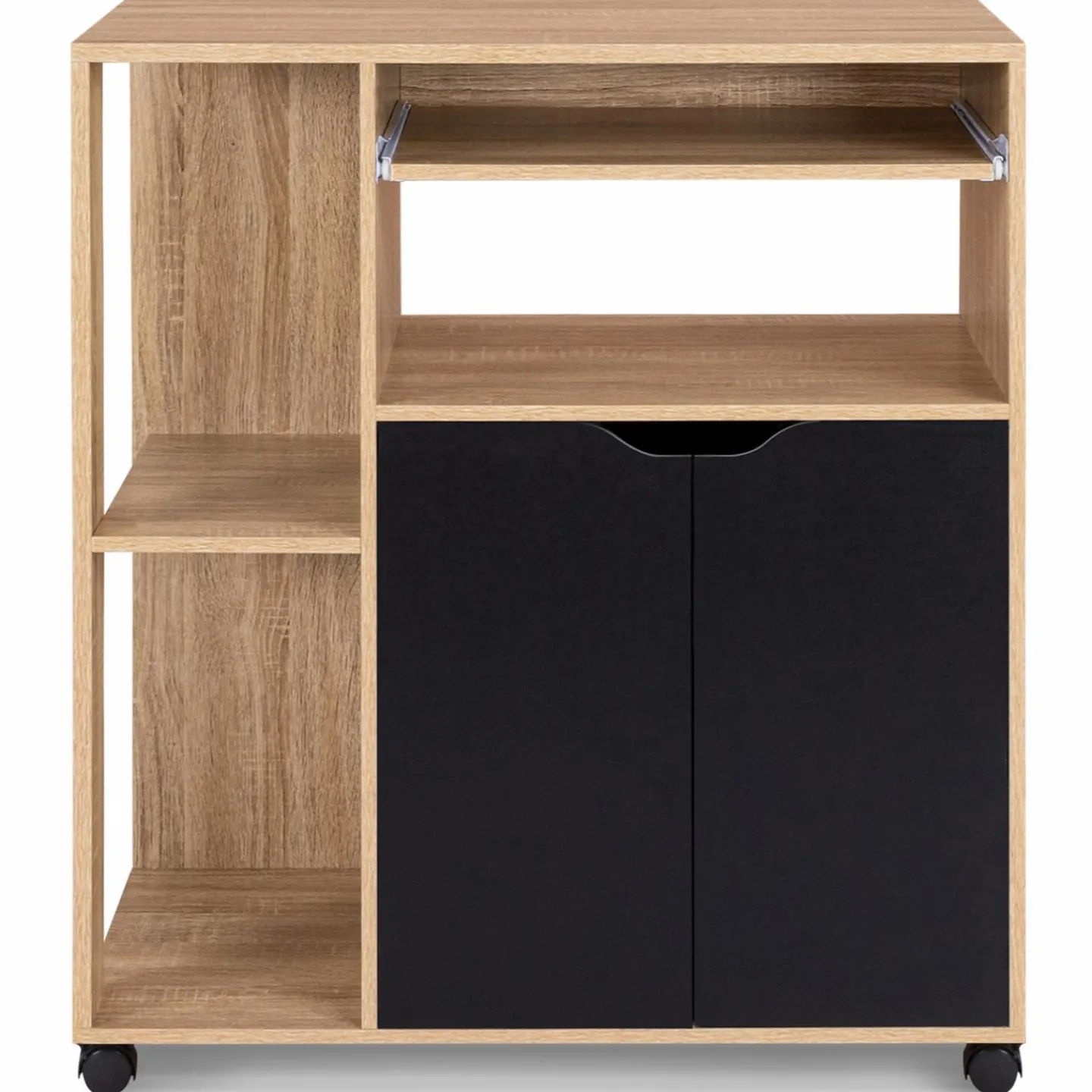 Desserte à roulettes bois façon hêtre et portes noires 76 cm*IDMarket Clearance