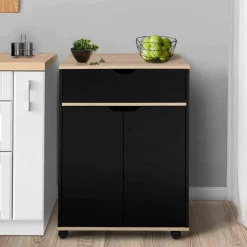 Desserte à roulettes bois noir et plateaux façon hêtre 60 cm*IDMarket New