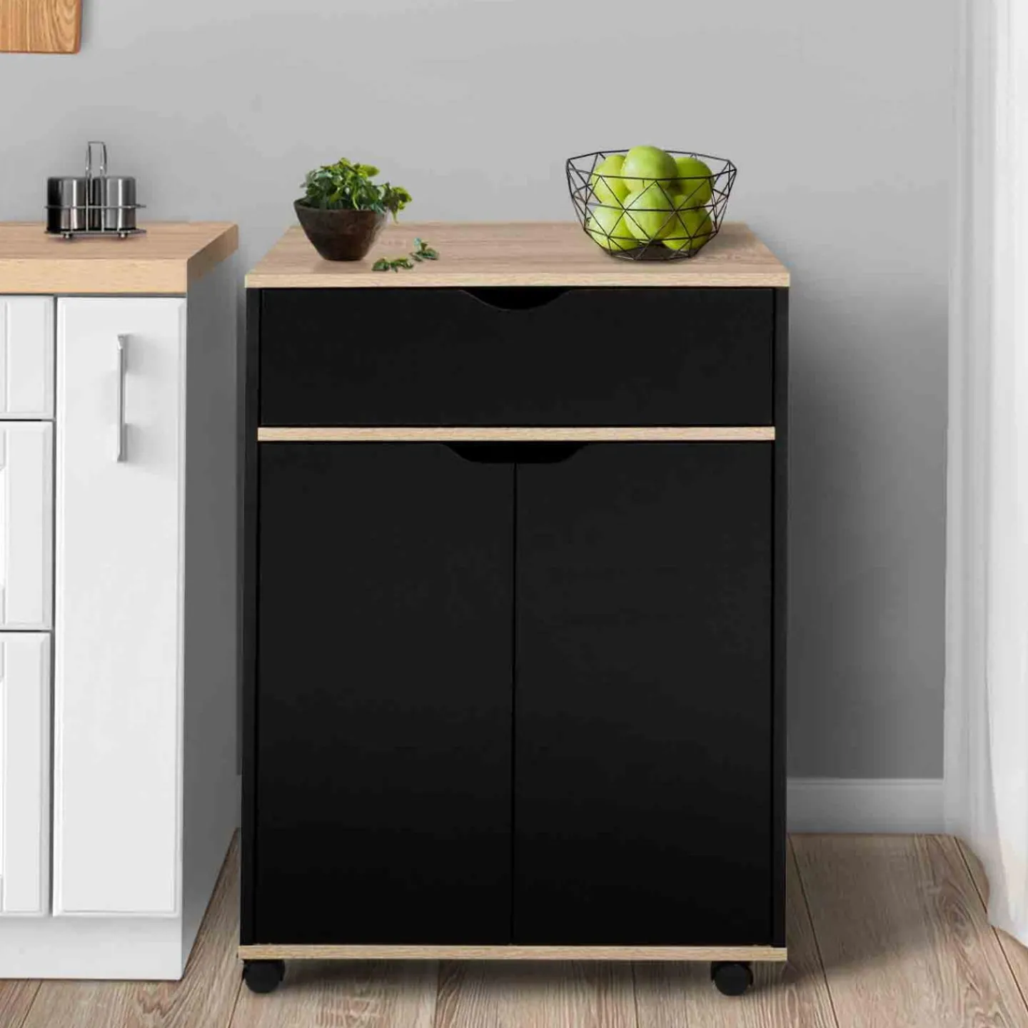 Desserte à roulettes bois noir et plateaux façon hêtre 60 cm*IDMarket New