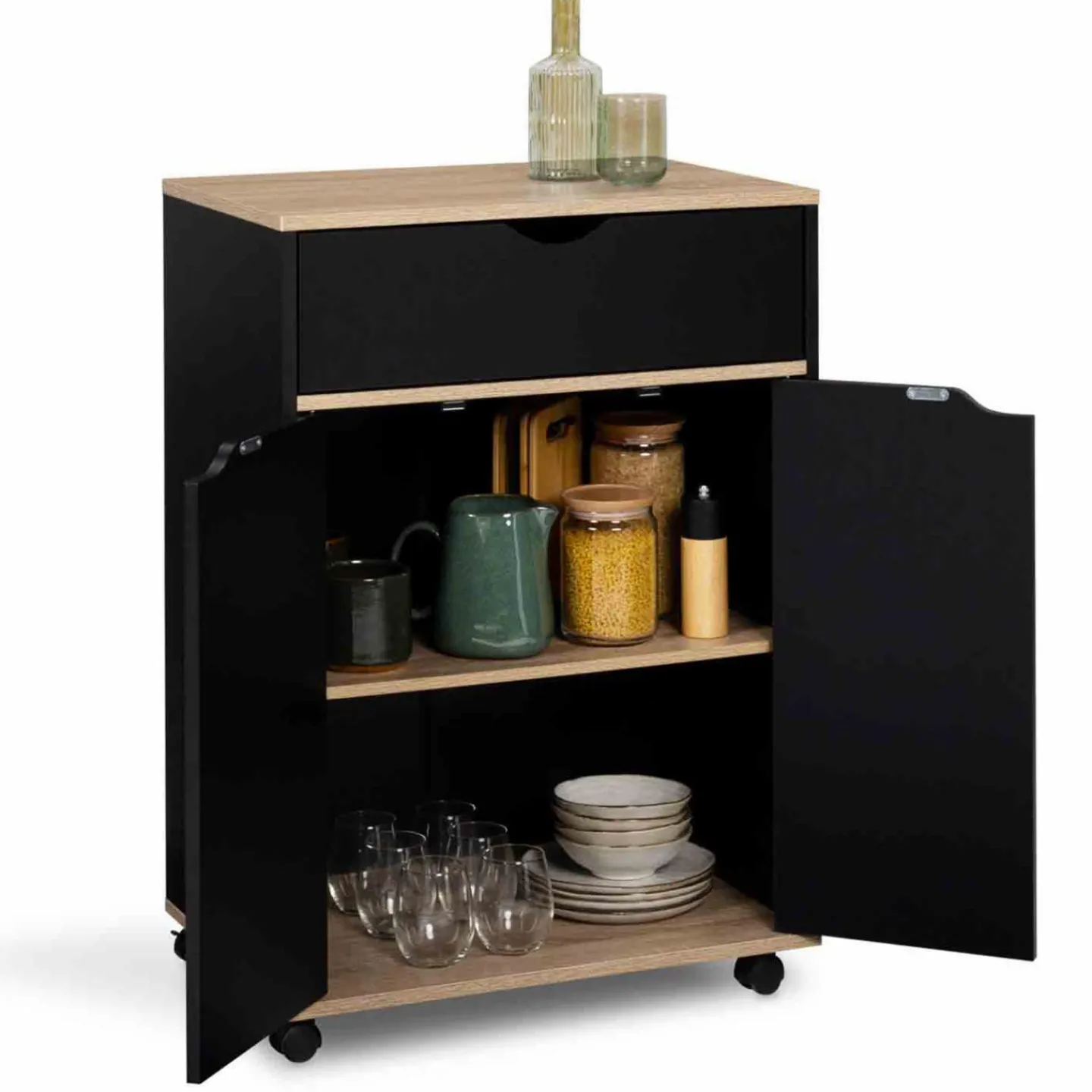 Desserte à roulettes bois noir et plateaux façon hêtre 60 cm*IDMarket New