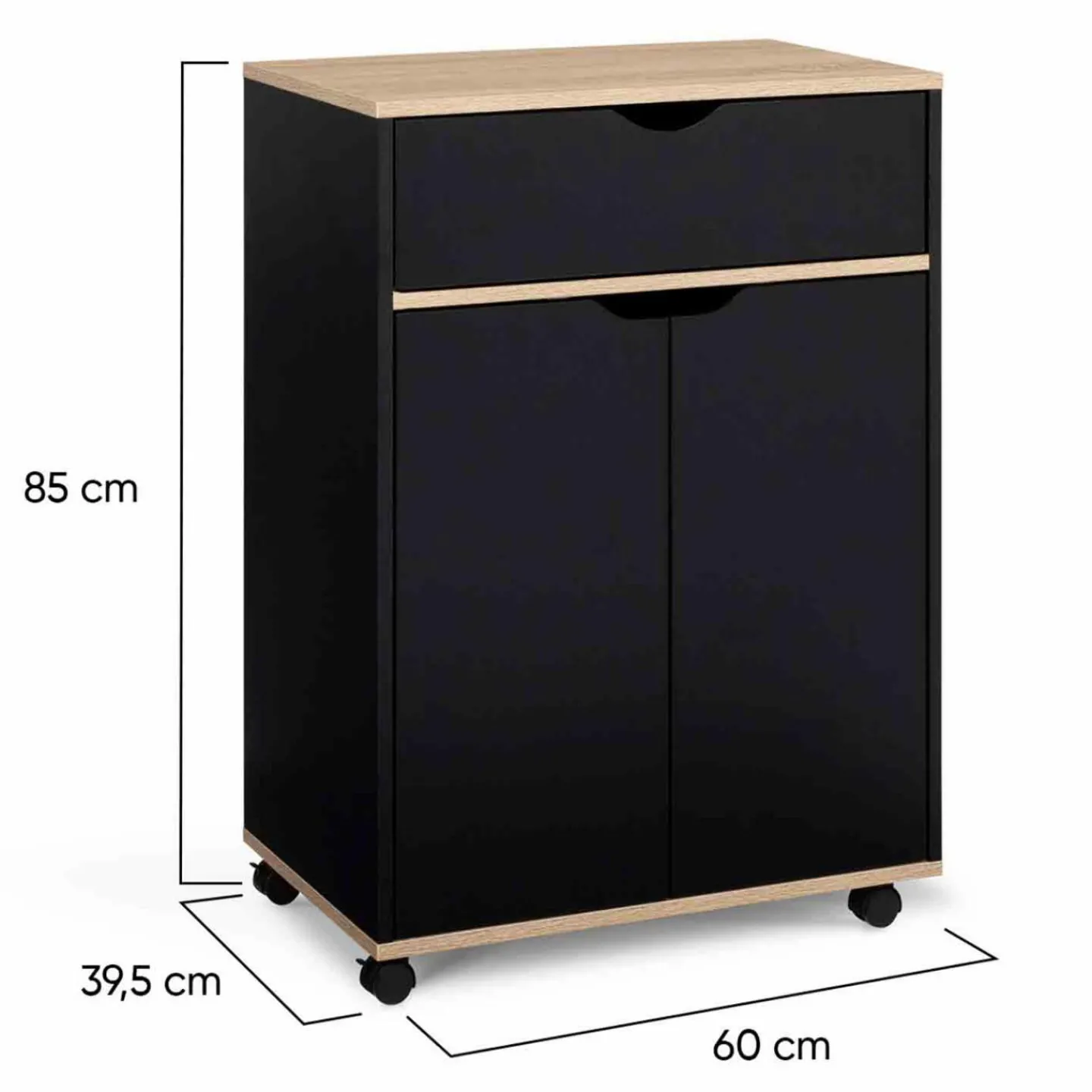 Desserte à roulettes bois noir et plateaux façon hêtre 60 cm*IDMarket New