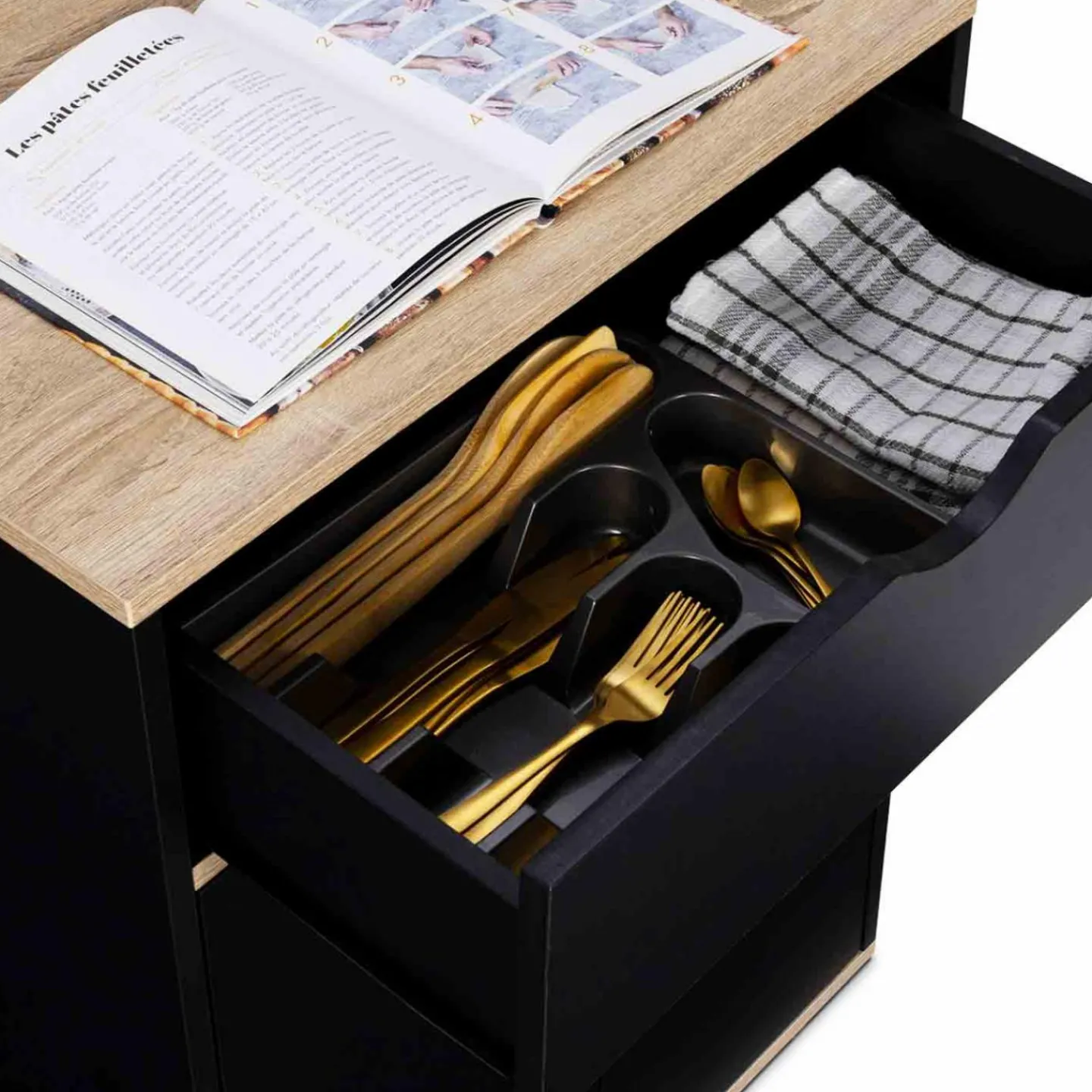 Desserte à roulettes bois noir et plateaux façon hêtre 60 cm*IDMarket New