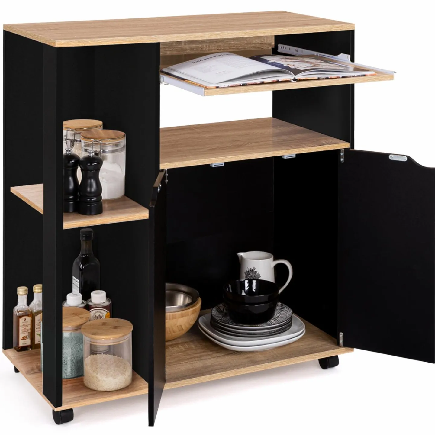 Desserte à roulettes bois noir et plateaux façon hêtre 76 cm*IDMarket Outlet