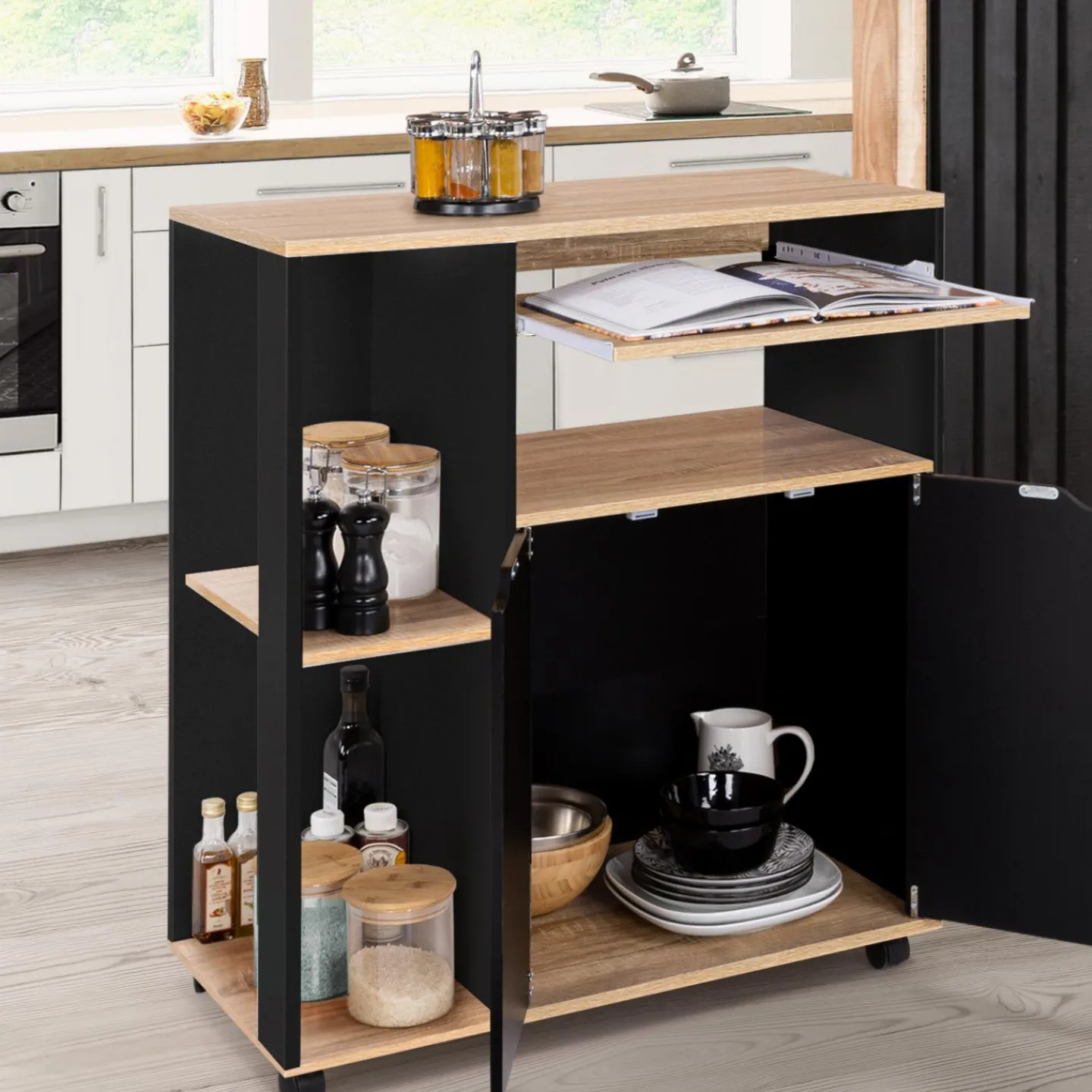 Desserte à roulettes bois noir et plateaux façon hêtre 76 cm*IDMarket Outlet