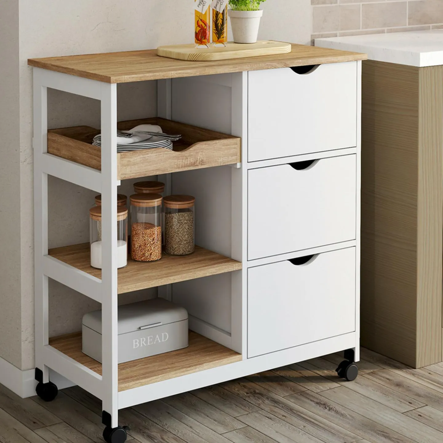 Desserte de cuisine 3 paniers + 1 plateau amovibe blanc et effet hêtre L 76 cm*IDMarket Online