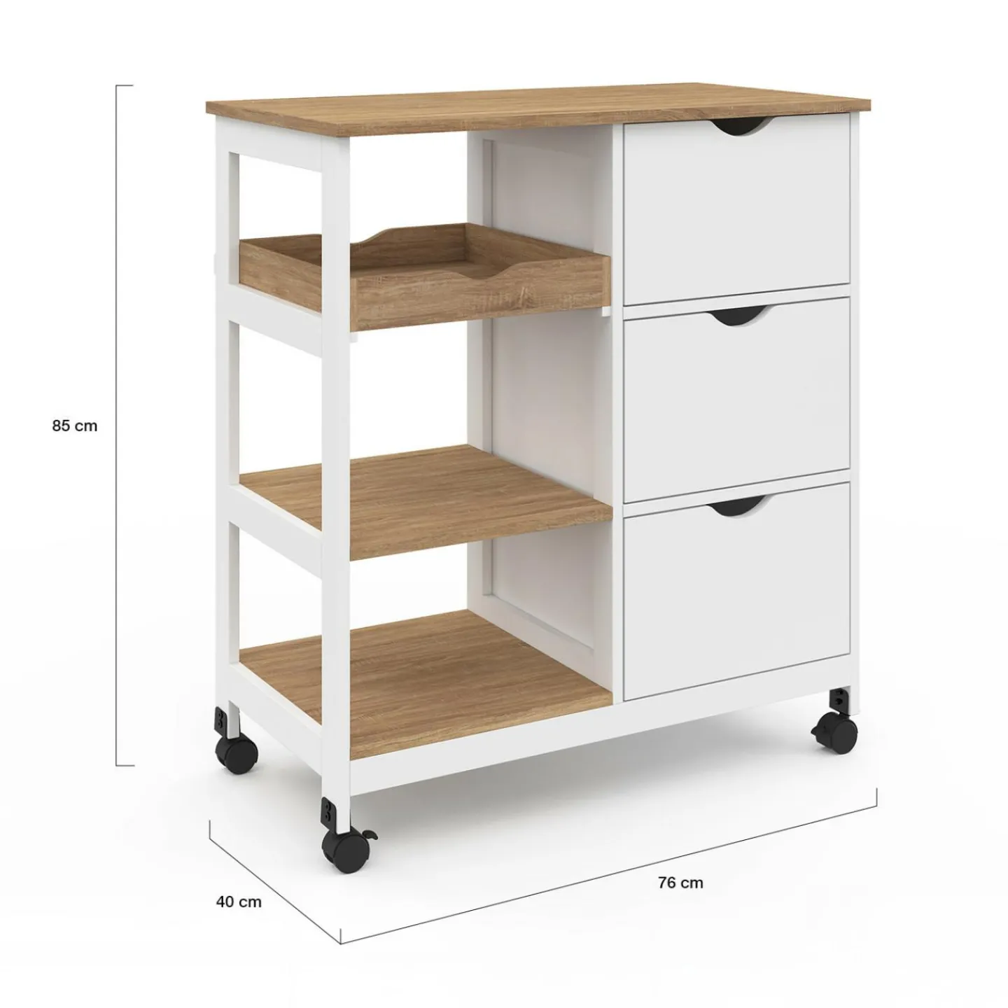 Desserte de cuisine 3 paniers + 1 plateau amovibe blanc et effet hêtre L 76 cm*IDMarket Online