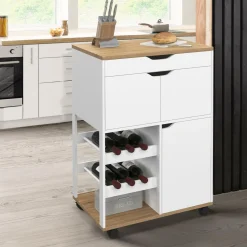 Desserte de cuisine à roulettes avec rangements et range-bouteilles bois blanc*IDMarket Online