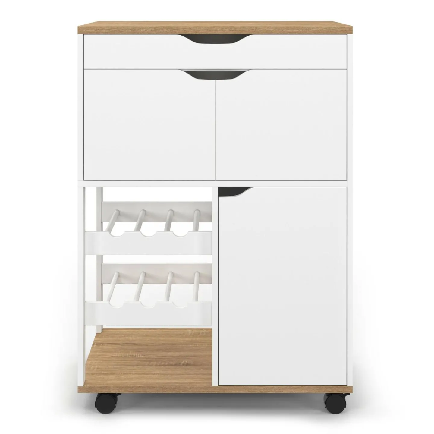 Desserte de cuisine à roulettes avec rangements et range-bouteilles bois blanc*IDMarket Online