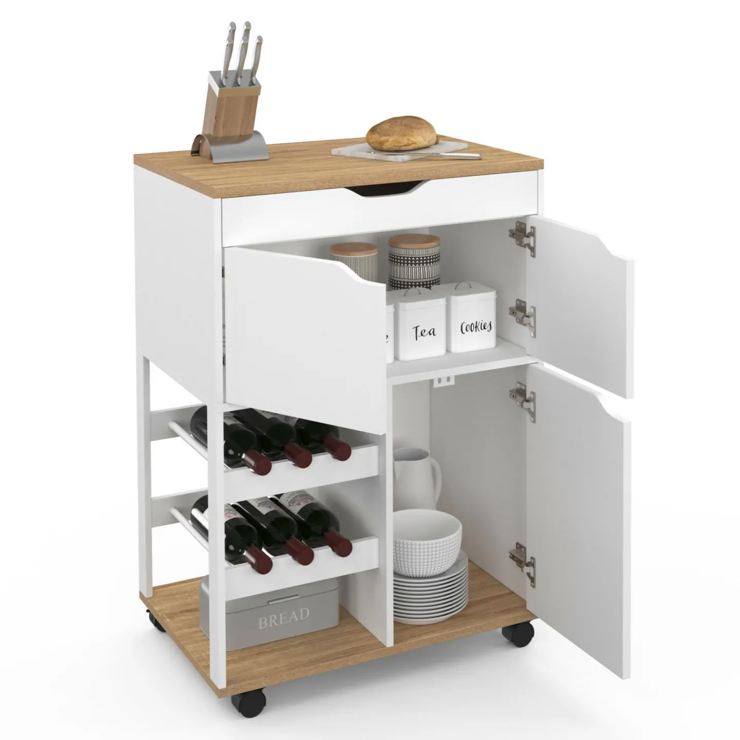 Desserte de cuisine à roulettes avec rangements et range-bouteilles bois blanc*IDMarket Online