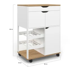 Desserte de cuisine à roulettes avec rangements et range-bouteilles bois blanc*IDMarket Online