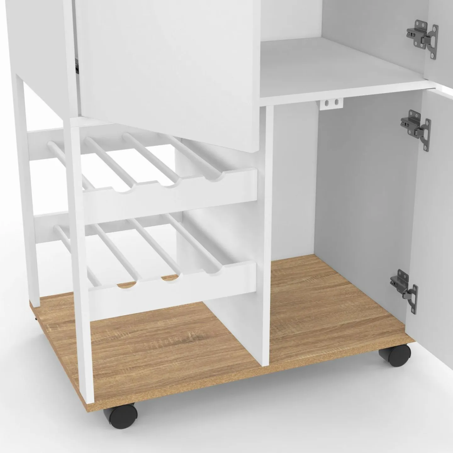 Desserte de cuisine à roulettes avec rangements et range-bouteilles bois blanc*IDMarket Online