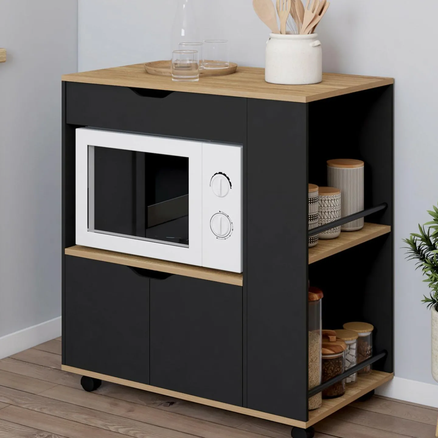 Desserte micro-onde placard tiroir épices noir*IDMarket New