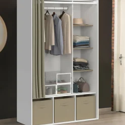 Dressing blanc avec penderie rideau taupe + étagères + boites de rangement*IDMarket Sale
