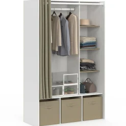Dressing blanc avec penderie rideau taupe + étagères + boites de rangement*IDMarket Sale