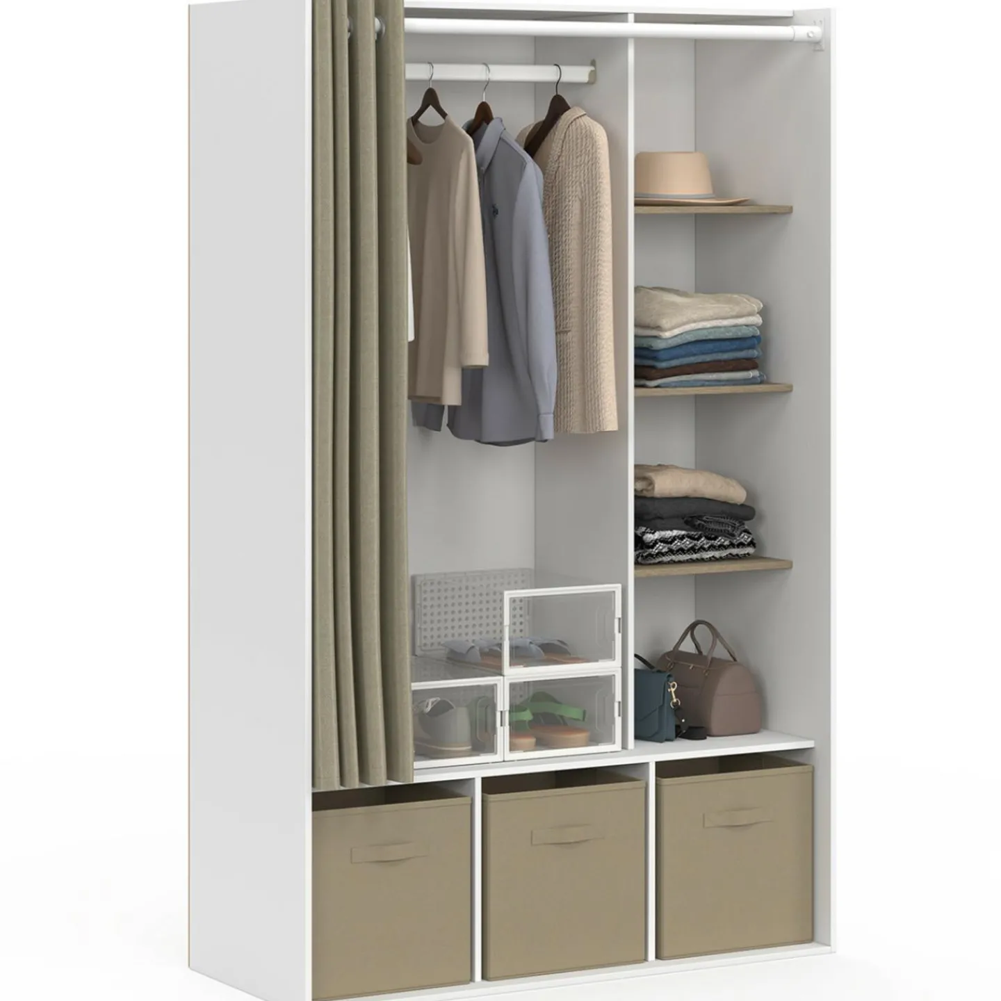 Dressing blanc avec penderie rideau taupe + étagères + boites de rangement*IDMarket Sale