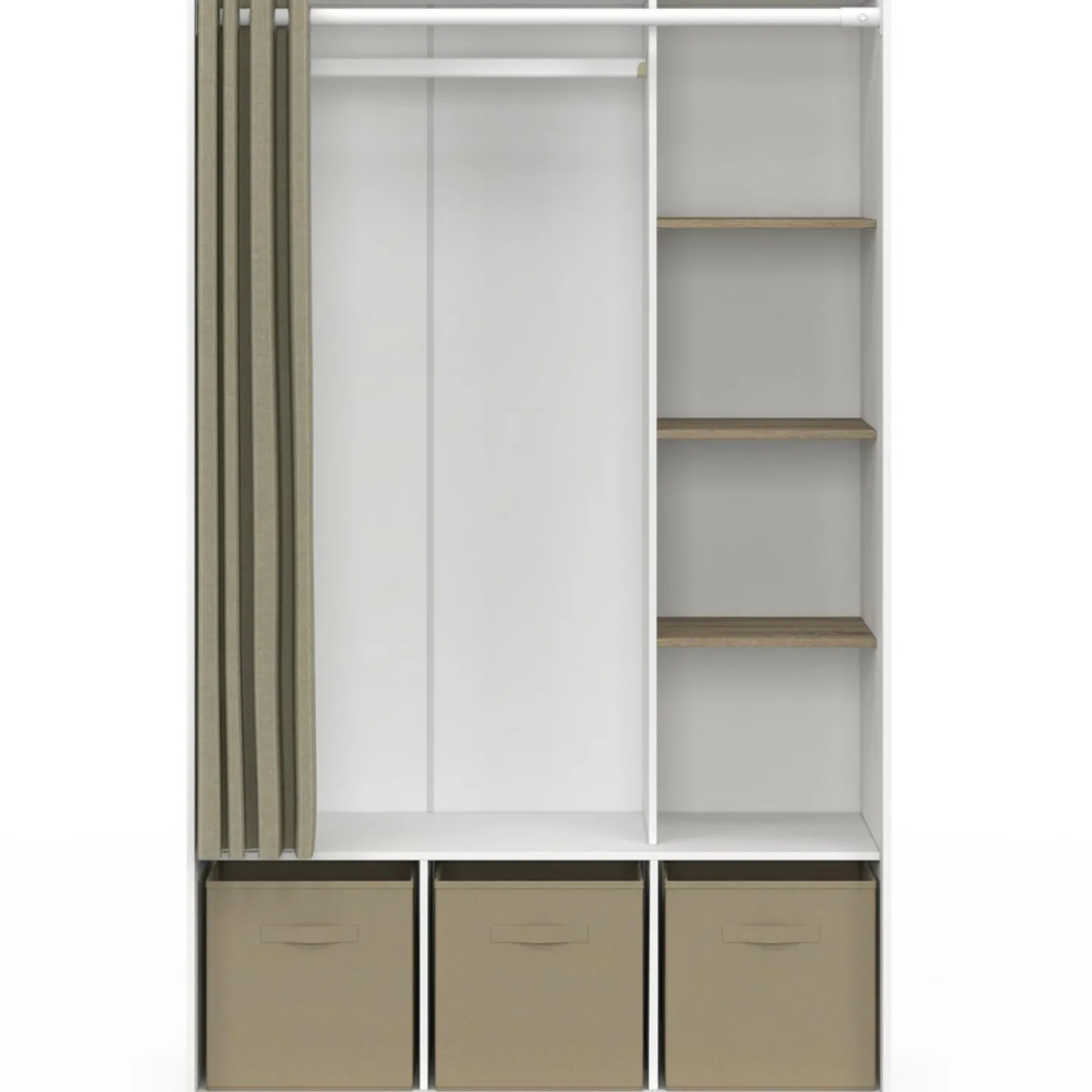 Dressing blanc avec penderie rideau taupe + étagères + boites de rangement*IDMarket Sale