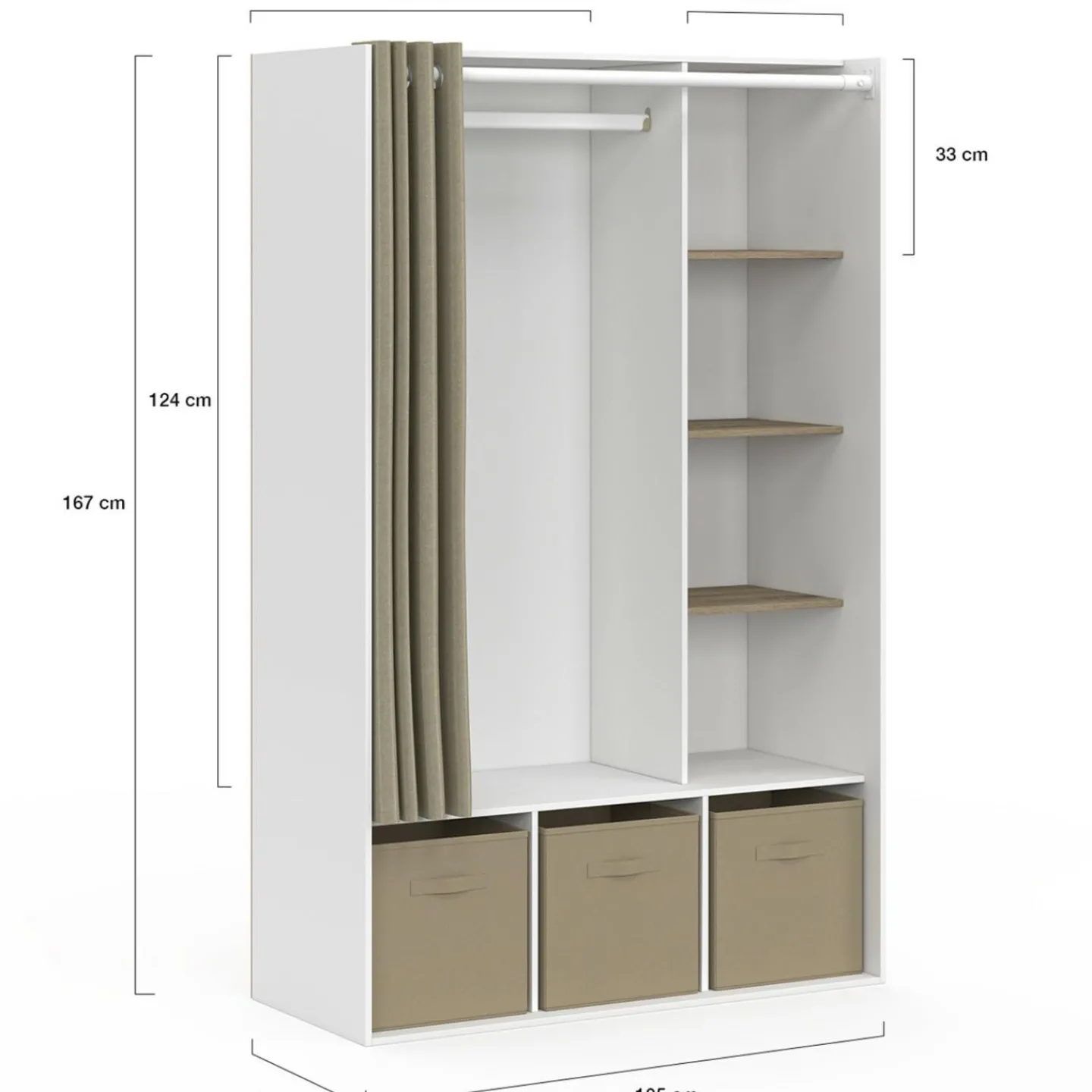 Dressing blanc avec penderie rideau taupe + étagères + boites de rangement*IDMarket Sale