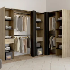 Dressing d'angle extensible bois effet hêtre avec 4 penderies + 12 étagères + 3 tiroirs et rideaux noirs*IDMarket Clearance