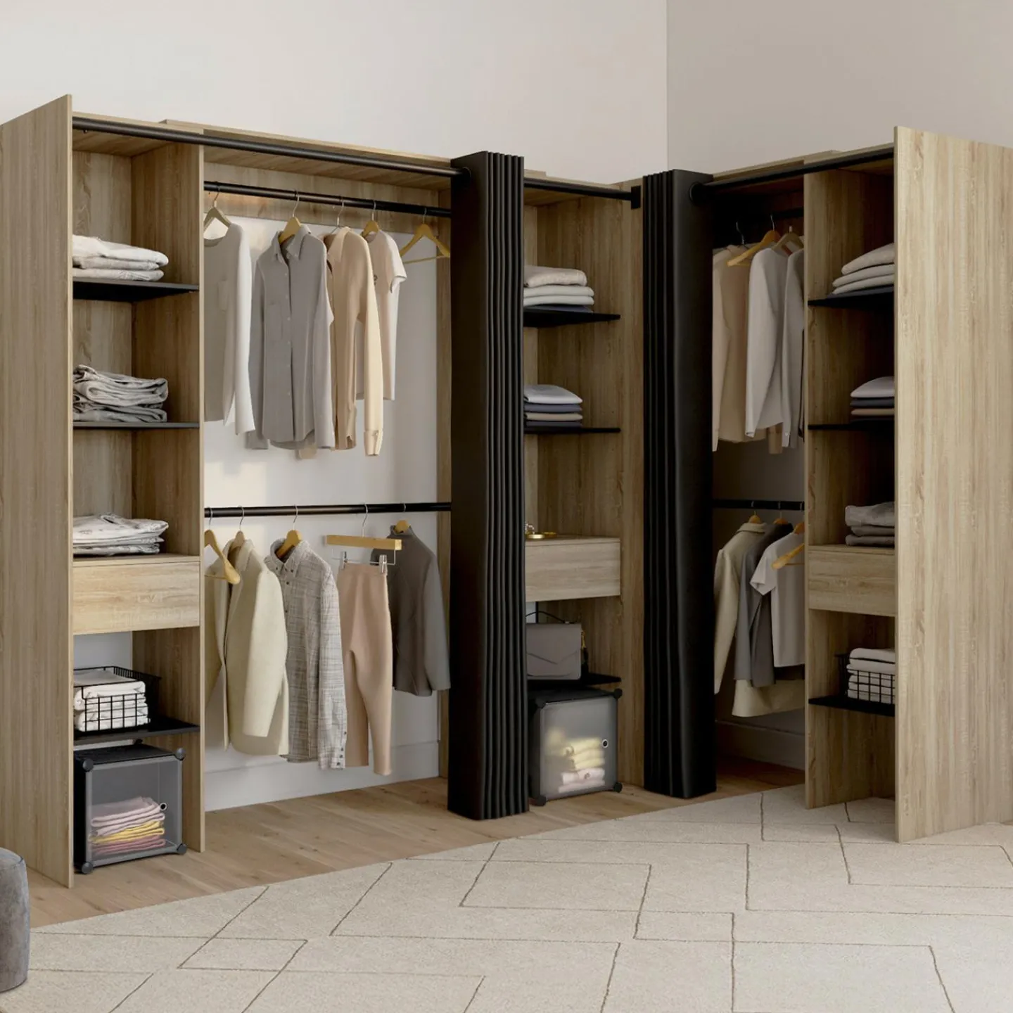 Dressing d'angle extensible bois effet hêtre avec 4 penderies + 12 étagères + 3 tiroirs et rideaux noirs*IDMarket Clearance