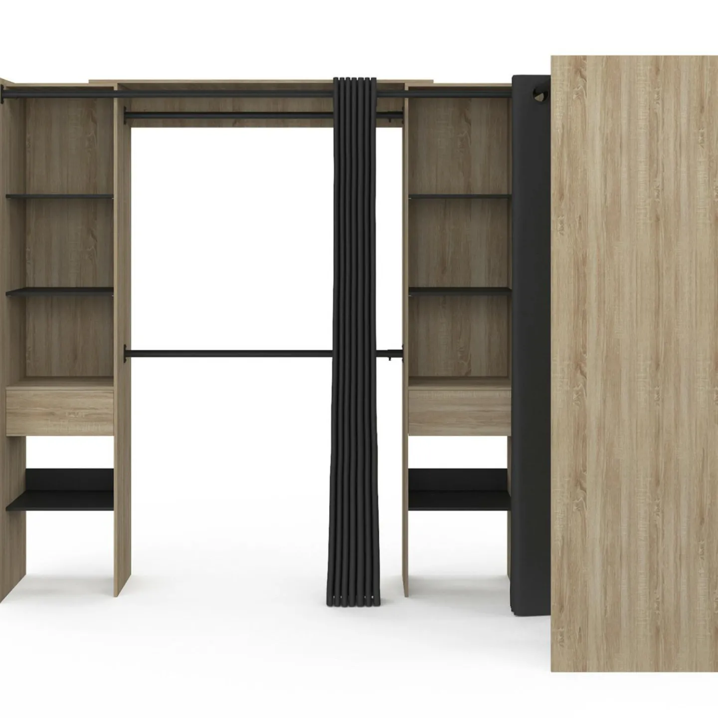 Dressing d'angle extensible bois effet hêtre avec 4 penderies + 12 étagères + 3 tiroirs et rideaux noirs*IDMarket Clearance