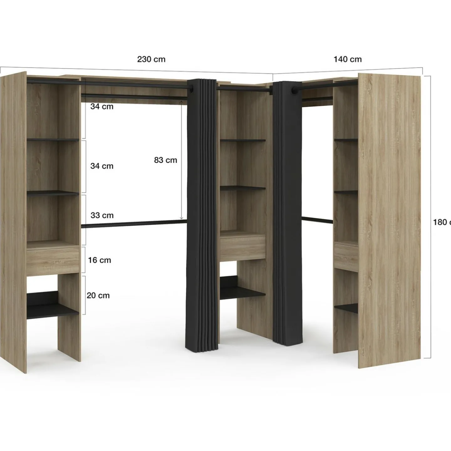 Dressing d'angle extensible bois effet hêtre avec 4 penderies + 12 étagères + 3 tiroirs et rideaux noirs*IDMarket Clearance