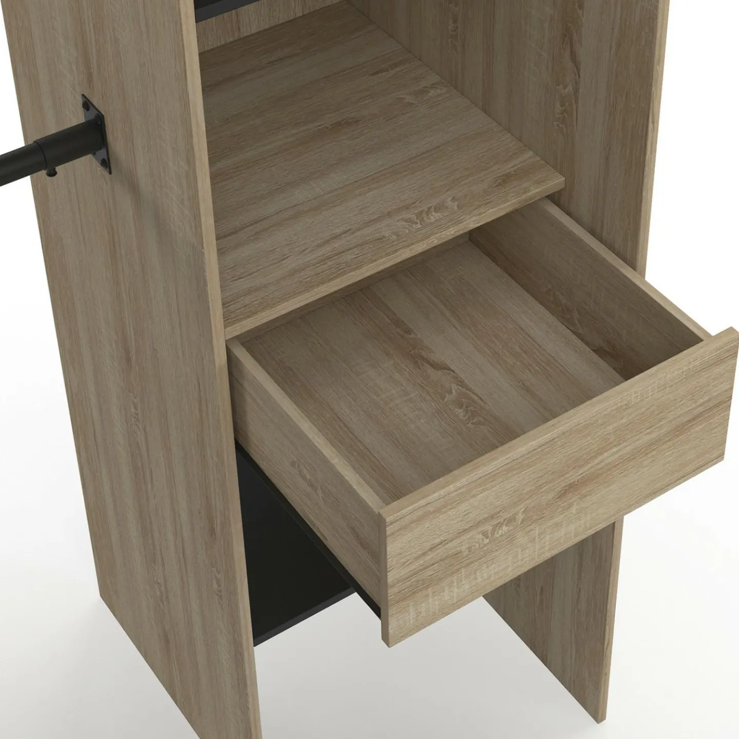 Dressing d'angle extensible bois effet hêtre avec 4 penderies + 12 étagères + 3 tiroirs et rideaux noirs*IDMarket Clearance